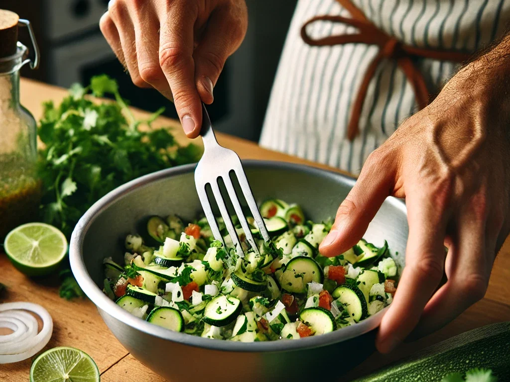 Salsa estilo guacamole servida en un bol con cucharada lista para degustar.
