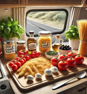 Ensalada de pasta fresca con tomates cherry, mozzarella y albahaca