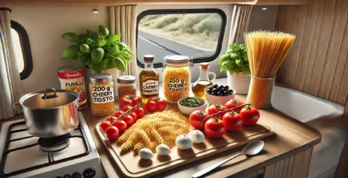 Ensalada de pasta fresca con tomates cherry, mozzarella y albahaca