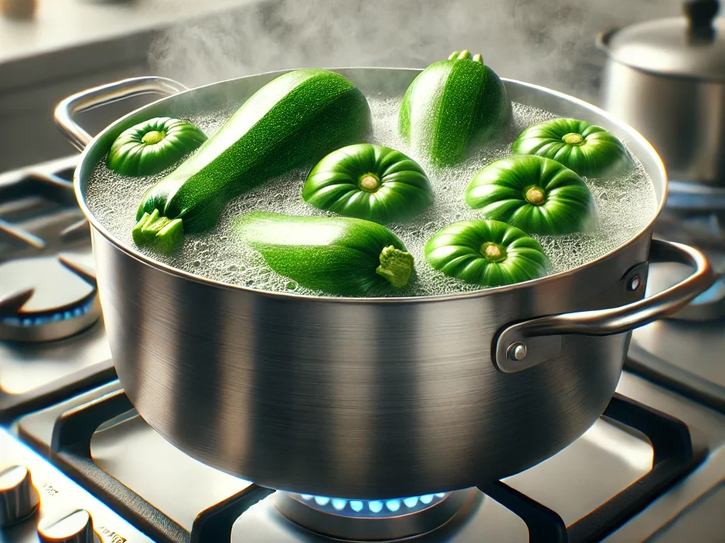 Calabacín hervido triturado con tenedor en un bol, paso clave para hacer salsa tipo guacamole.