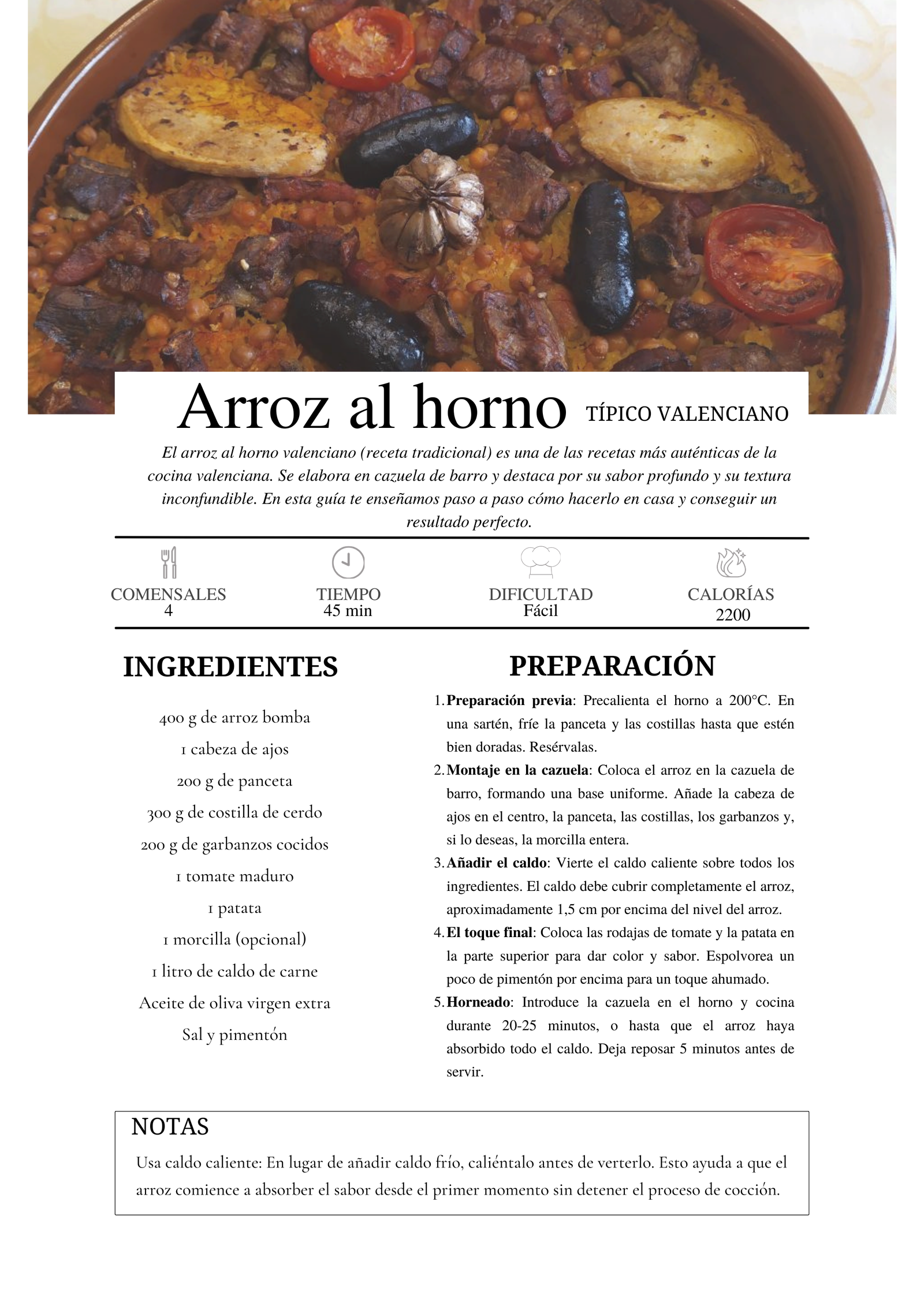 Ficha de receta de arroz al horno típico valenciano con ingredientes, preparación paso a paso, calorías y nivel de dificultad – Receta camper adaptada por Tomaydaca