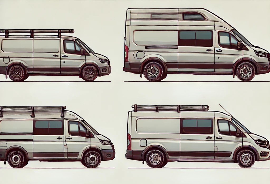 Ilustración de diferentes tamaños de furgonetas aptas para camperización, incluyendo furgonetas pequeñas, medianas, grandes y 4x4. Comparación visual de dimensiones y tipos de vehículos ideales para convertir en camper
