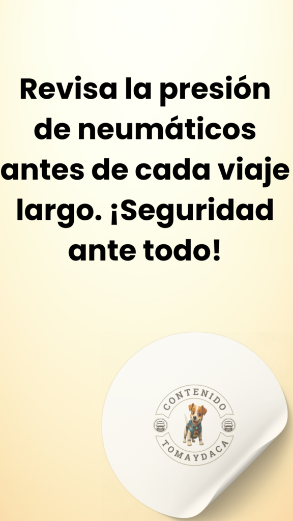 Tip camper 58: Revisión de neumáticos. Imagen con fondo degradado y texto que recuerda comprobar la presión antes de viajes largos. Logotipo de Tomaydaca visible abajo.