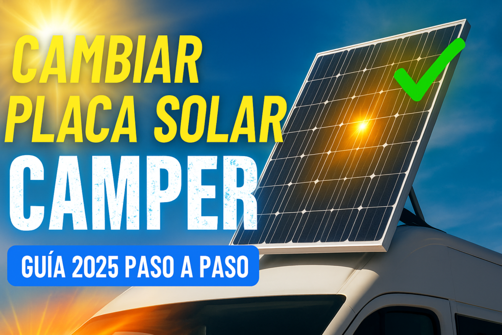 Miniatura estilo YouTube para guía de cambiar placa solar en furgoneta camper, con placa solar brillante sobre fondo azul con rayos de energía y texto Cambiar Placa Solar Camper Guía 2025 paso a paso