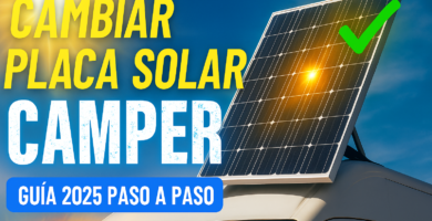 Miniatura estilo YouTube para guía de cambiar placa solar en furgoneta camper, con placa solar brillante sobre fondo azul con rayos de energía y texto Cambiar Placa Solar Camper Guía 2025 paso a paso