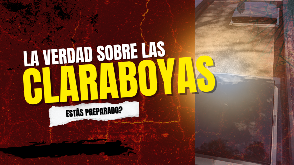 Imagen destacada del artículo sobre claraboyas en furgoneta camper, con fondo rojo agrietado, texto llamativo 'La verdad sobre las claraboyas' y foto de claraboya instalada en el techo de una camper