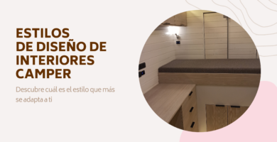 Imagen destacada del artículo sobre diseño de muebles para furgoneta camper con imagen ilustrativa del interior de una camper amueblada. Decoración interior de furgoneta camper con textiles, iluminación ambiental y acabados de madera
