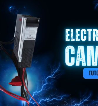 Imagen destacada del artículo sobre instalación eléctrica en furgoneta camper, con inversor, regulador solar MPPT y cables visibles sobre fondo oscuro con rayos azules y texto electricidad camper tutorial completo