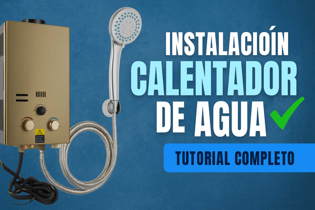 Miniatura estilo YouTube para guía de instalación de calentador de agua en furgoneta camper, con calentador ilustrado, icono de ducha y texto Instalación Calentador Camper Guía 2025