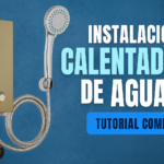 Miniatura estilo YouTube para guía de instalación de calentador de agua en furgoneta camper, con calentador ilustrado, icono de ducha y texto Instalación Calentador Camper Guía 2025