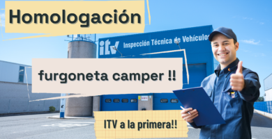 Homologación de furgoneta camper en ITV con éxito a la primera, técnico sonriente frente a estación de inspección