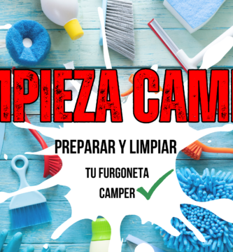 Imagen destacada del artículo sobre limpieza camper, con productos de limpieza sobre fondo azul, cepillos, guantes, espray y el texto en grande LIMPIEZA CAMPER y preparar y limpiar tu furgoneta camper
