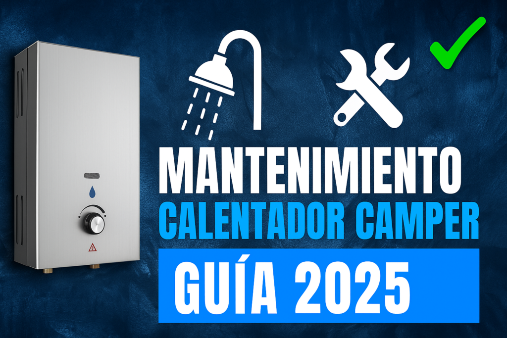 Miniatura estilo YouTube para guía de mantenimiento del calentador de agua en furgoneta camper, con calentador ilustrado, iconos de ducha y herramientas, y texto Mantenimiento Calentador Camper Guía 2025