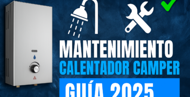 Miniatura estilo YouTube para guía de mantenimiento del calentador de agua en furgoneta camper, con calentador ilustrado, iconos de ducha y herramientas, y texto Mantenimiento Calentador Camper Guía 2025