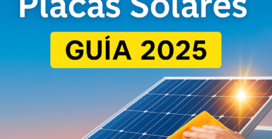 Miniatura estilo YouTube para guía de mantenimiento de placas solares camper 2025, con fondo degradado azul y naranja, panel solar brillante y mano limpiando con paño naranja, junto al texto Mantenimiento Placas Solares Guía 2025 en tipografía clara