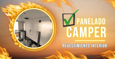 Imagen destacada del artículo sobre panelado camper, mostrando el revestimiento interior de una furgoneta con paneles de madera y texto en grande 'Panelado Camper, Revestimiento Interior