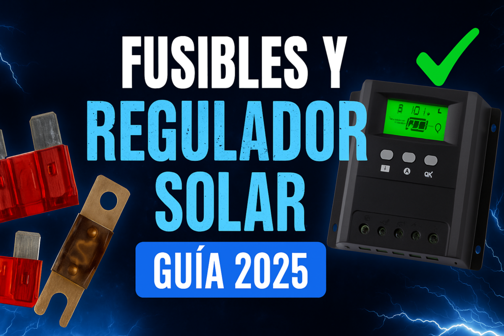 Miniatura estilo YouTube para guía de revisión y cambio de fusibles y regulador solar en camper 2025, con fusibles ilustrados a la izquierda, regulador solar digital a la derecha y texto Fusibles y Regulador Solar Guía 2025 sobre fondo azul eléctrico