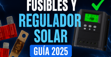Miniatura estilo YouTube para guía de revisión y cambio de fusibles y regulador solar en camper 2025, con fusibles ilustrados a la izquierda, regulador solar digital a la derecha y texto Fusibles y Regulador Solar Guía 2025 sobre fondo azul eléctrico