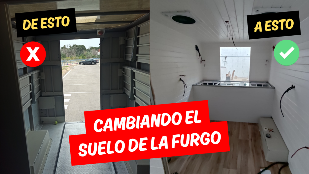 Imagen destacada del artículo sobre suelo de furgoneta camper, mostrando el antes y después de la instalación con aislamiento y acabado final