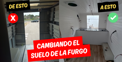 Imagen destacada del artículo sobre suelo de furgoneta camper, mostrando el antes y después de la instalación con aislamiento y acabado final