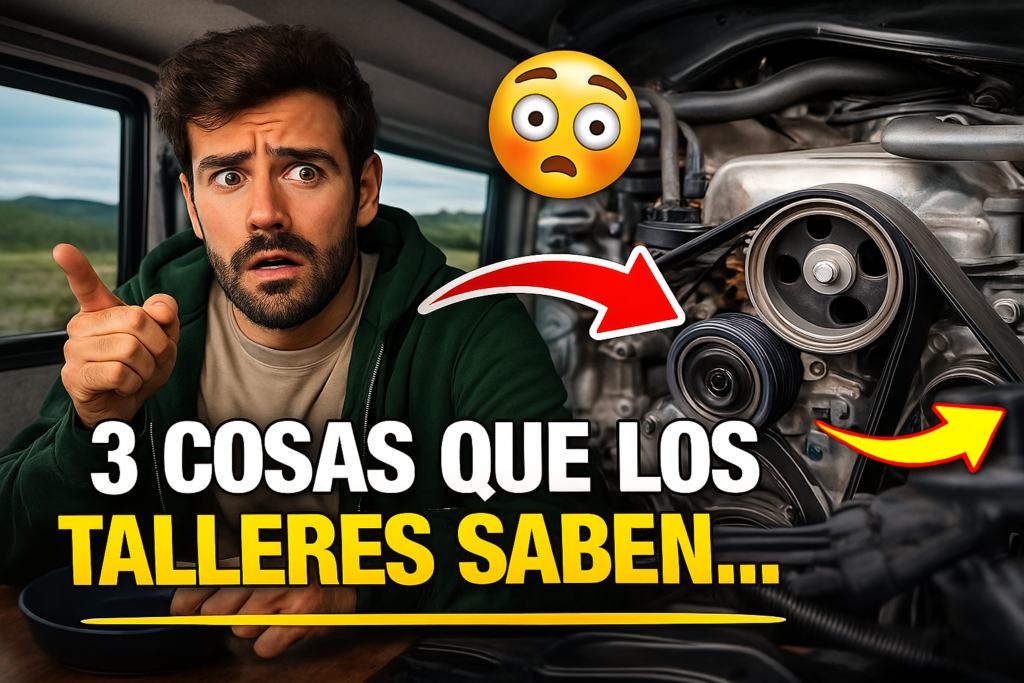 Miniatura estilo YouTube con diseño impactante y flechas señalando el motor de una furgoneta camper abierta, mostrando advertencias sobre errores mecánicos graves que pueden arruinar un viaje, con estética cinematográfica y texto grande en amarillo y blanco.