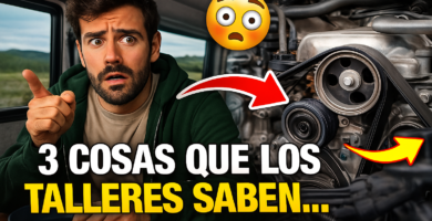 Miniatura estilo YouTube con diseño impactante y flechas señalando el motor de una furgoneta camper abierta, mostrando advertencias sobre errores mecánicos graves que pueden arruinar un viaje, con estética cinematográfica y texto grande en amarillo y blanco.