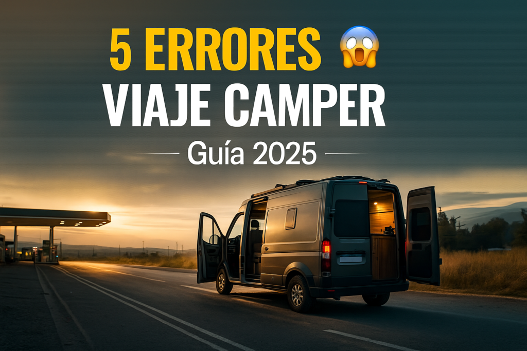 Miniatura estilo YouTube para artículo “5 errores viaje camper 2025”, mostrando una furgoneta camper detenida en carretera al amanecer, con tonos cálidos y tipografía grande en blanco y amarillo centrada sobre el cielo dorado, evocando los errores comunes al planificar un viaje en camper.