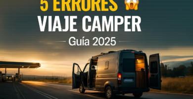 Miniatura estilo YouTube para artículo “5 errores viaje camper 2025”, mostrando una furgoneta camper detenida en carretera al amanecer, con tonos cálidos y tipografía grande en blanco y amarillo centrada sobre el cielo dorado, evocando los errores comunes al planificar un viaje en camper.