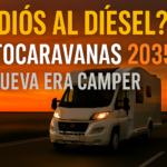 Miniatura estilo YouTube para artículo sobre el futuro de las autocaravanas diésel en 2035, mostrando una autocaravana moderna circulando al atardecer por una carretera abierta, con texto grande ‘¿Adiós al diésel?’ y fondo cálido que simboliza el cambio de era en el mundo camper.