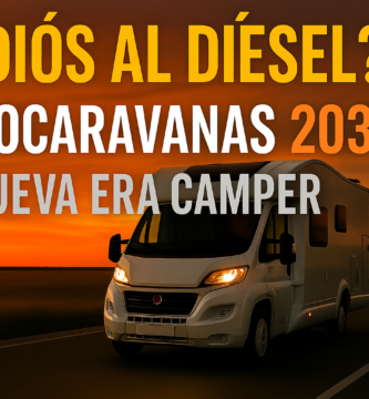 Miniatura estilo YouTube para artículo sobre el futuro de las autocaravanas diésel en 2035, mostrando una autocaravana moderna circulando al atardecer por una carretera abierta, con texto grande ‘¿Adiós al diésel?’ y fondo cálido que simboliza el cambio de era en el mundo camper.