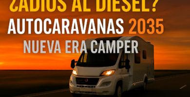 Miniatura estilo YouTube para artículo sobre el futuro de las autocaravanas diésel en 2035, mostrando una autocaravana moderna circulando al atardecer por una carretera abierta, con texto grande ‘¿Adiós al diésel?’ y fondo cálido que simboliza el cambio de era en el mundo camper.