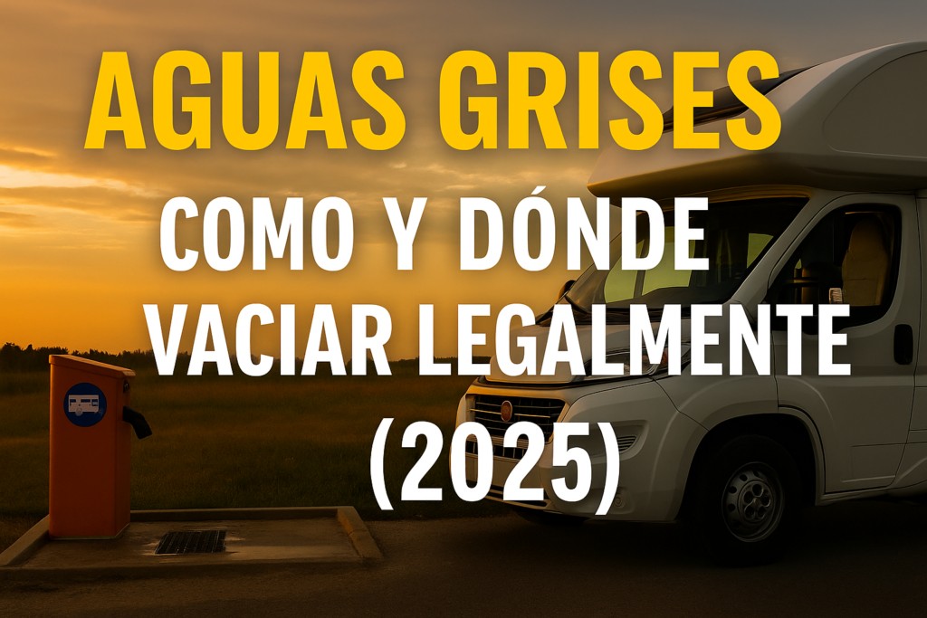 Miniatura estilo YouTube para el artículo “Dónde y cómo vaciar aguas grises en una furgoneta camper (2025)”. Muestra una furgoneta camper blanca estacionada junto a un punto de vaciado de aguas grises al atardecer, con el texto centrado “AGUAS GRISES Cómo y Dónde Vaciar Legalmente (2025)” sobre fondo cálido, simulando un cartel informativo moderno y legible.