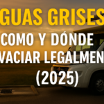 Miniatura estilo YouTube para el artículo “Dónde y cómo vaciar aguas grises en una furgoneta camper (2025)”. Muestra una furgoneta camper blanca estacionada junto a un punto de vaciado de aguas grises al atardecer, con el texto centrado “AGUAS GRISES Cómo y Dónde Vaciar Legalmente (2025)” sobre fondo cálido, simulando un cartel informativo moderno y legible.