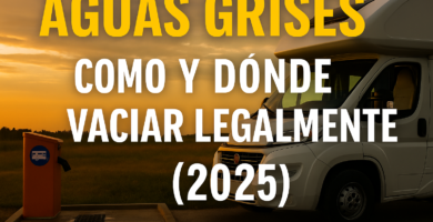 Miniatura estilo YouTube para el artículo “Dónde y cómo vaciar aguas grises en una furgoneta camper (2025)”. Muestra una furgoneta camper blanca estacionada junto a un punto de vaciado de aguas grises al atardecer, con el texto centrado “AGUAS GRISES Cómo y Dónde Vaciar Legalmente (2025)” sobre fondo cálido, simulando un cartel informativo moderno y legible.