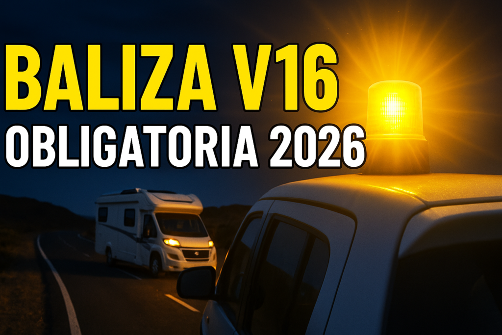 Miniatura estilo YouTube sobre la baliza V16 obligatoria en 2026 para furgonetas camper y autocaravanas, con luz amarilla encendida sobre el techo de un vehículo y texto Baliza V16 Obligatoria 2026