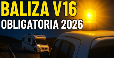 Miniatura estilo YouTube sobre la baliza V16 obligatoria en 2026 para furgonetas camper y autocaravanas, con luz amarilla encendida sobre el techo de un vehículo y texto Baliza V16 Obligatoria 2026