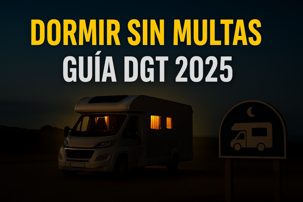 Miniatura estilo YouTube para artículo sobre estacionar y pernoctar legalmente en furgoneta camper en España (2025), mostrando una autocaravana aparcada de noche bajo el cielo estrellado, con texto “DORMIR SIN MULTAS” centrado y luminoso sobre fondo cálido