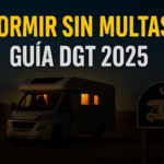 Miniatura estilo YouTube para artículo sobre estacionar y pernoctar legalmente en furgoneta camper en España (2025), mostrando una autocaravana aparcada de noche bajo el cielo estrellado, con texto “DORMIR SIN MULTAS” centrado y luminoso sobre fondo cálido