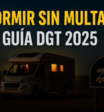 Miniatura estilo YouTube para artículo sobre estacionar y pernoctar legalmente en furgoneta camper en España (2025), mostrando una autocaravana aparcada de noche bajo el cielo estrellado, con texto “DORMIR SIN MULTAS” centrado y luminoso sobre fondo cálido