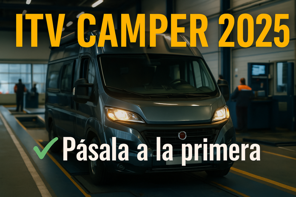 Miniatura estilo YouTube para el artículo “ITV Furgoneta Camper 2025”, mostrando una furgoneta camper blanca dentro de una estación ITV moderna con luces frías, texto grande centrado que dice “ITV CAMPER 2025 – Pásala a la primera”, y un inspector al fondo revisando el vehículo, con estética realista y cinematográfica.