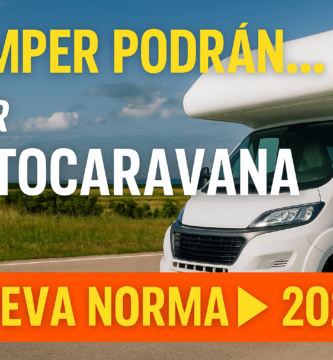 Miniatura estilo YouTube para artículo sobre la nueva norma DGT 2025 que permite a las furgonetas camper convertirse en autocaravanas, mostrando una autocaravana blanca en carretera bajo cielo azul con texto grande ‘Camper podrán ser autocaravana – Nueva norma 2025’ en colores amarillo y naranja sobre fondo cálido.