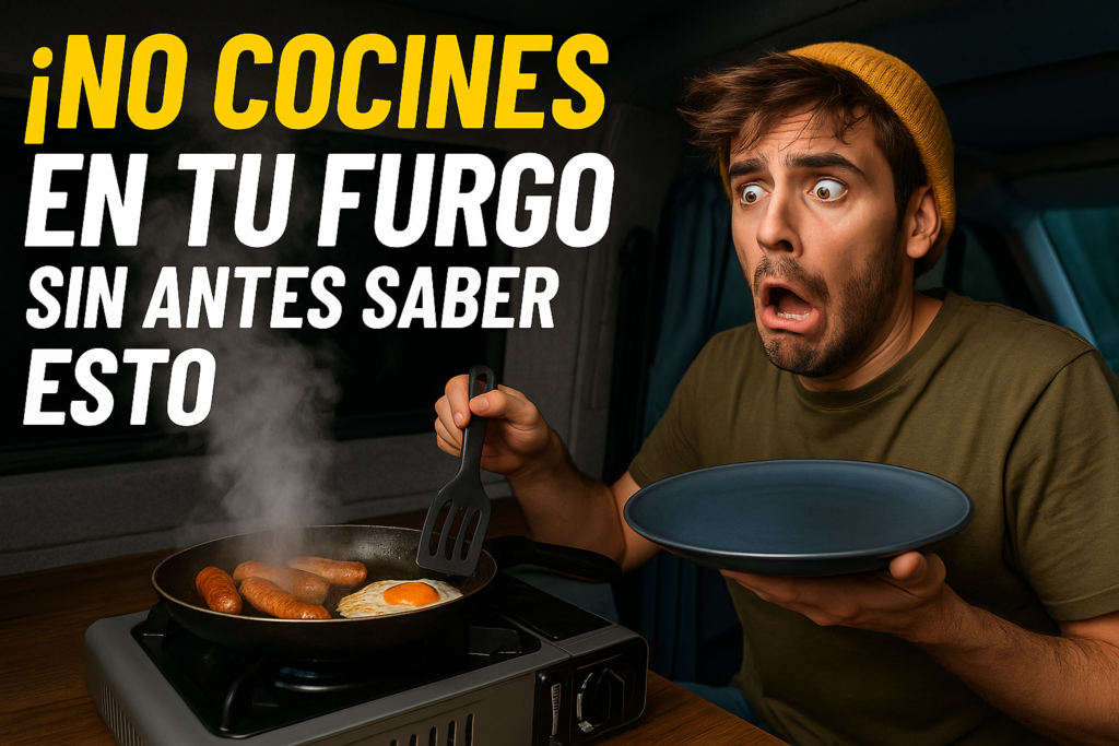 Miniatura estilo YouTube con un viajero sorprendido dentro de su furgoneta camper mientras cocina, mostrando una escena cómica con humo saliendo de una sartén, iluminación cinematográfica y texto ‘NO COCINES EN TU FURGO SIN SABER ESTO’. Imagen diseñada para un artículo práctico de cocina segura en campers.