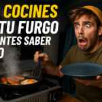 Miniatura estilo YouTube con un viajero sorprendido dentro de su furgoneta camper mientras cocina, mostrando una escena cómica con humo saliendo de una sartén, iluminación cinematográfica y texto ‘NO COCINES EN TU FURGO SIN SABER ESTO’. Imagen diseñada para un artículo práctico de cocina segura en campers.
