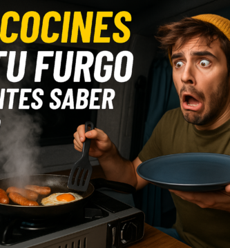 Miniatura estilo YouTube con un viajero sorprendido dentro de su furgoneta camper mientras cocina, mostrando una escena cómica con humo saliendo de una sartén, iluminación cinematográfica y texto ‘NO COCINES EN TU FURGO SIN SABER ESTO’. Imagen diseñada para un artículo práctico de cocina segura en campers.