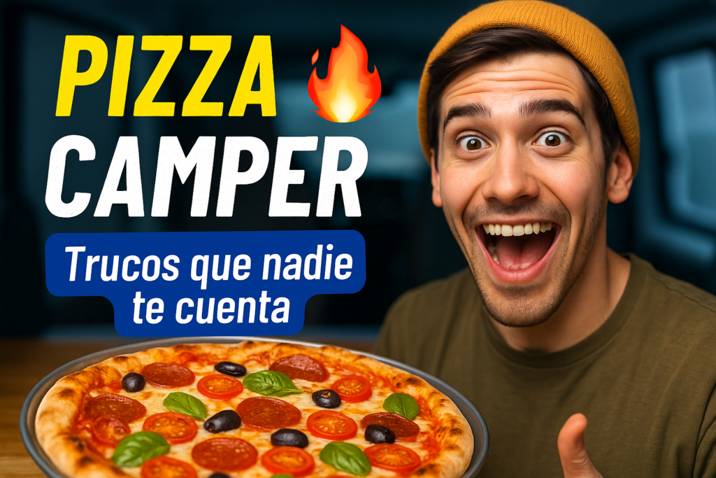 Miniatura estilo YouTube para artículo Pizza Camper – Trucos que nadie te cuenta, mostrando una pizza dorada recién hecha en horno portátil dentro de una furgoneta camper, con fuego y utensilios de cocina sobre fondo cálido y texto grande en amarillo y rojo