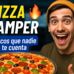 Miniatura estilo YouTube para artículo Pizza Camper – Trucos que nadie te cuenta, mostrando una pizza dorada recién hecha en horno portátil dentro de una furgoneta camper, con fuego y utensilios de cocina sobre fondo cálido y texto grande en amarillo y rojo