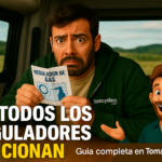 Hombre preocupado dentro de una furgoneta camper revisando un folleto de regulador de gas, con mensaje “No todos los reguladores funcionan” y avatar explicativo en la parte inferior.