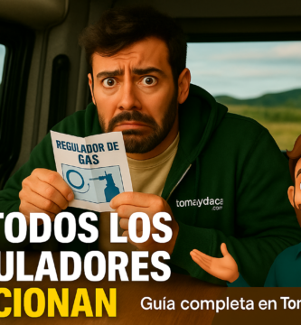 Hombre preocupado dentro de una furgoneta camper revisando un folleto de regulador de gas, con mensaje “No todos los reguladores funcionan” y avatar explicativo en la parte inferior.