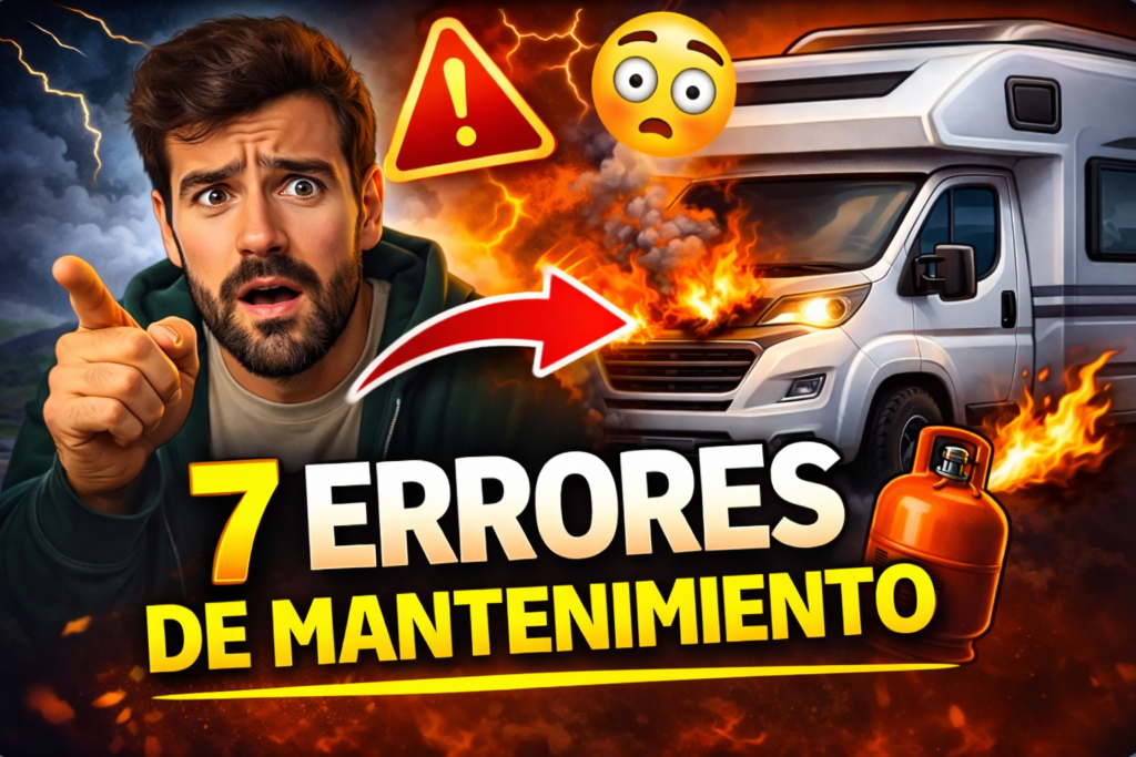 Miniatura estilo YouTube: hombre sorprendido señalando una camper con fuego, triángulo de alerta, emoji de susto y texto “7 ERRORES DE MANTENIMIENTO”