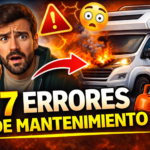 Miniatura estilo YouTube: hombre sorprendido señalando una camper con fuego, triángulo de alerta, emoji de susto y texto “7 ERRORES DE MANTENIMIENTO”